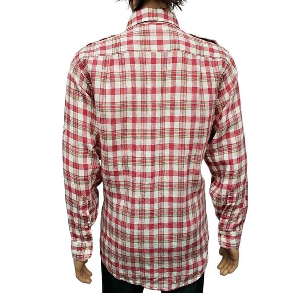 BROOKS BROTHERS 346 Linen Shirt Men M Double Pocket Military Epaulets Plaid Red - Picture 8 of 11